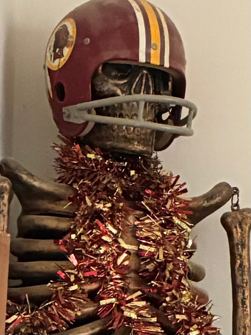 Skelly, the skeleton from my walk-in closet, ready for NFL season