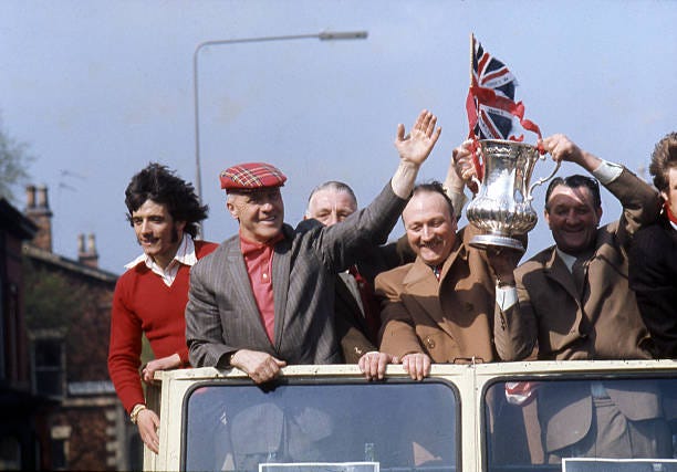 Open top bus parade with the 1974 FA Cup moving down Everton Valley onto Scotland Road with on the bus Liverpool striker Kevin Keegan, manager Bill... Open top bus parade with the 1974 FA Cup moving down Everton Valley onto Scotland Road with on the bus Liverpool striker Kevin Keegan, manager Bill...