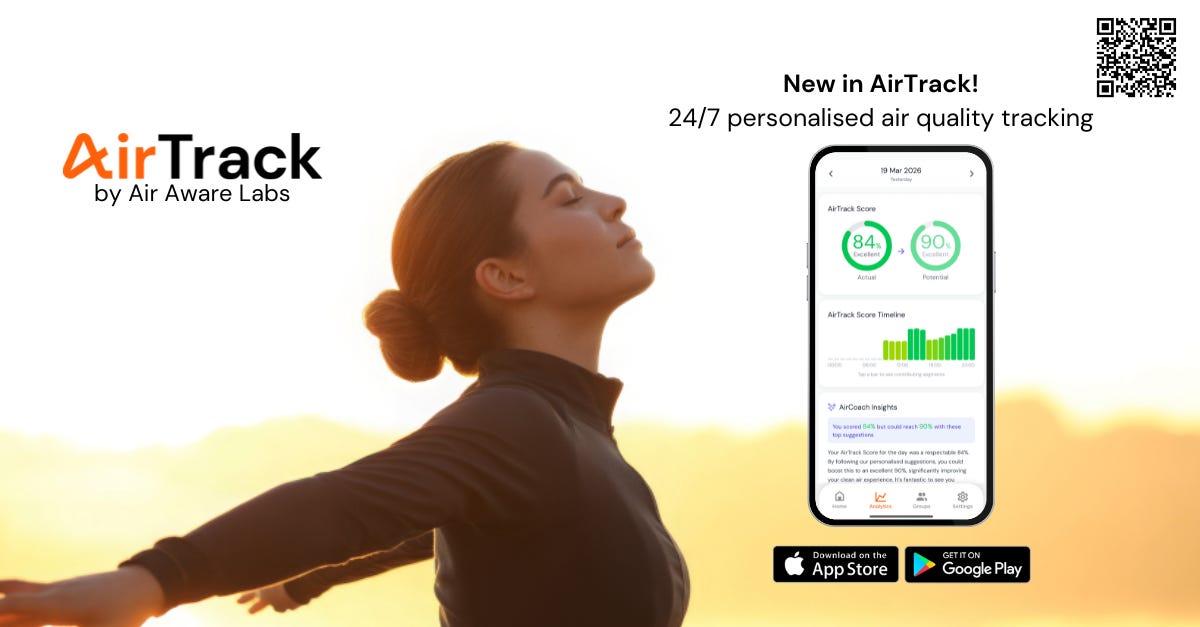 Photo of a woman in the background and AirTrack app screenshots in the foreground
