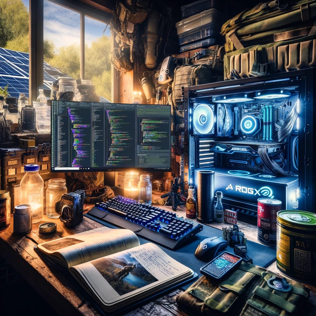 A rugged, tech-savvy prepper's workspace illuminated by the glow of multiple computer monitors showing AI and coding interfaces, surrounded by survival gear like water filters, canned food, and a handheld radio. The scene combines elements of traditional prepping with advanced technology, featuring a high-end PC setup with visible components such as a Corsair 4000D Airflow case, ASUS ROG Strix motherboard, and a GeForce RTX 4080 graphics card. The environment suggests a blend of survivalism and digital innovation, with solar panels visible through a window and a notebook open to plans for renewable energy setups.
