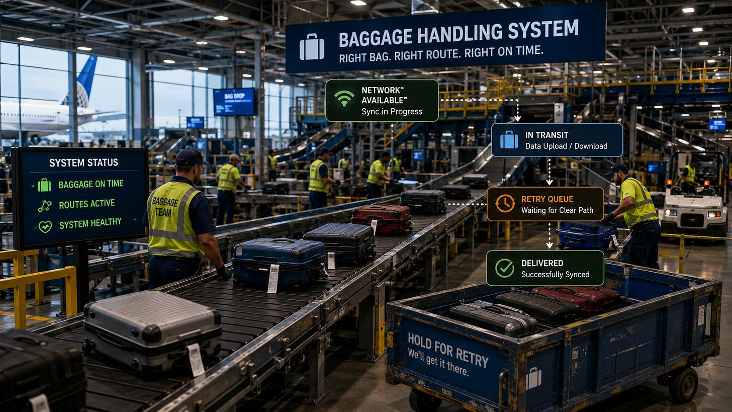 Airport baggage system symbolizing automatic background sync, retries, and reliable data delivery. Airport baggage system symbolizing automatic background sync, retries, and reliable data delivery.