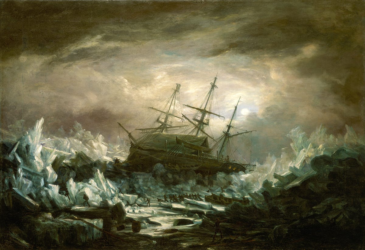 A three-masted ship tilts steeply on a jagged ice floe under dark clouds while sailors haul a boat and supplies across the ice. A three-masted ship tilts steeply on a jagged ice floe under dark clouds while sailors haul a boat and supplies across the ice.
