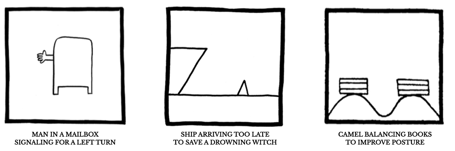 A simple black-and-white line drawing inside a square box depicting a stylized mailbox with a hand sticking out from its left side. And a minimalist black-and-white line drawing showing a large angular shape entering from the left and a small triangle sticking out from the horizon line. Gemini assisted in the preparation of this alt-text.
