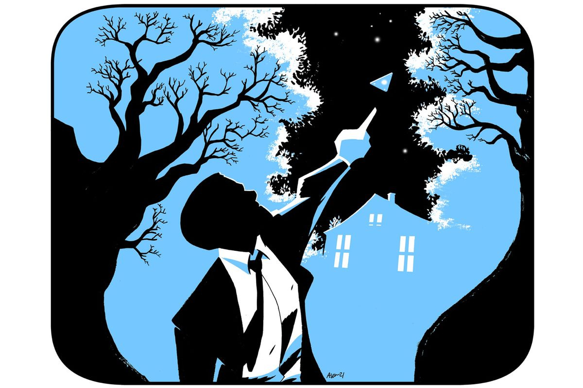 A drawing of a person in a suit pointing toward a UFO in the sky