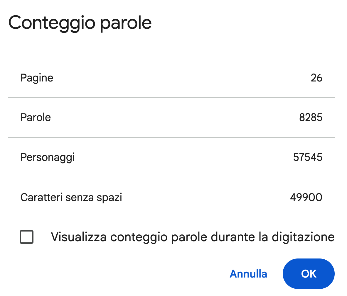 Finestra di dialogo "Conteggio parole" di Google Docs. La tabella su 4 righe indica: Pagine, Parole, "Personaggi", Caratteri senza spazi.
