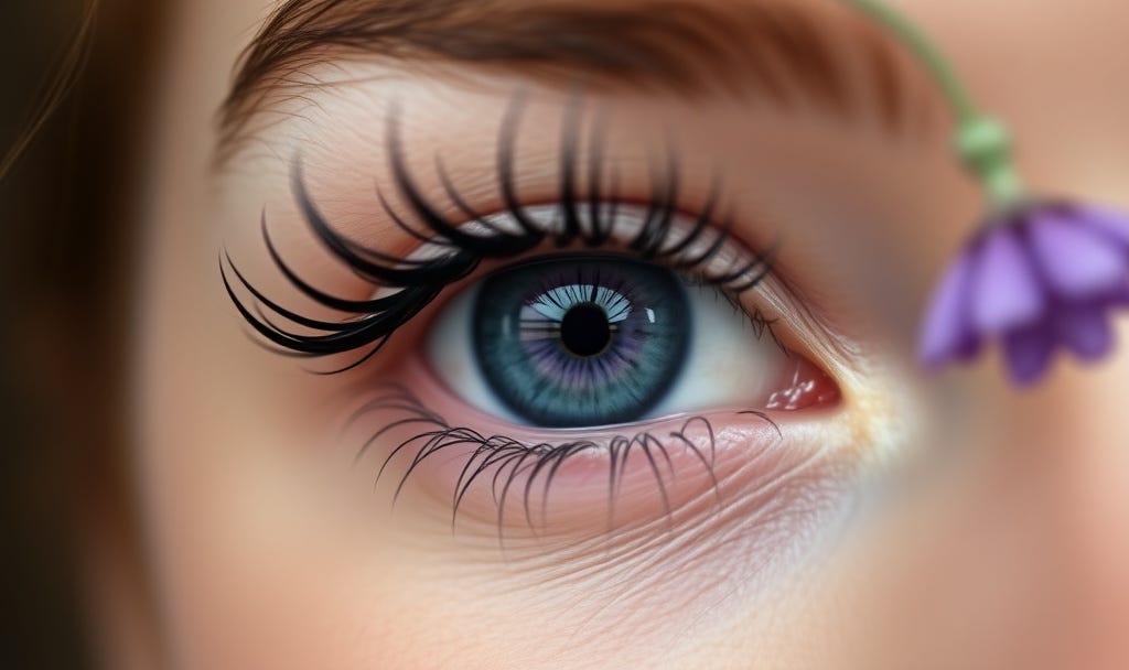 woman looking at a flower. Her eyes are lavender