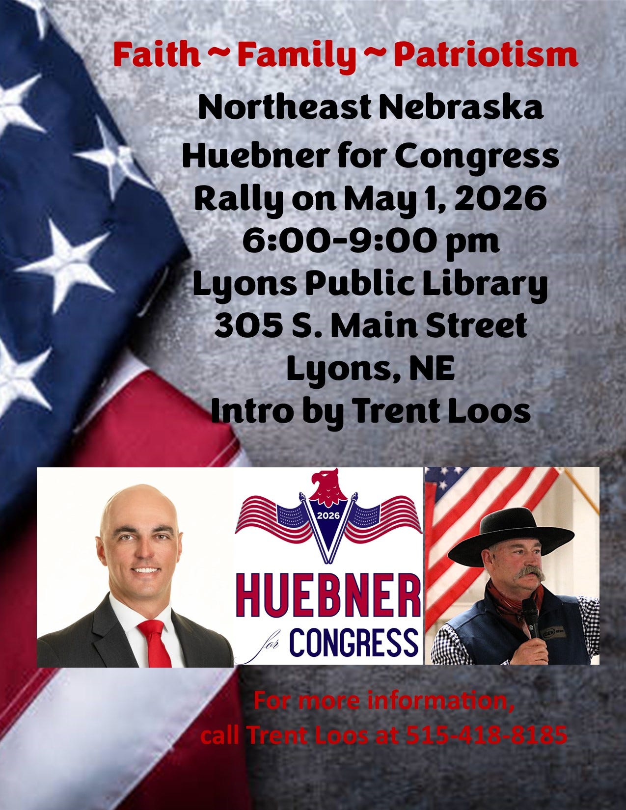 MayDay for Adrian Smith in Burt County Nebraska as David Huebner will be present in Lyons May 1, 2026. Planning on the whole NE Nebraska to come join us.