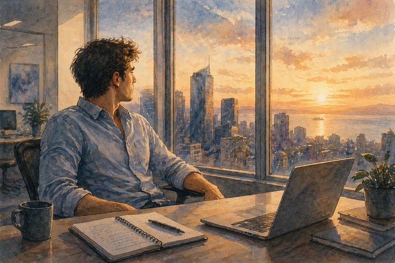 Introverted man pausing at his desk, looking out at a sunset cityscape—stepping away from noise to regain clarity and mental space.