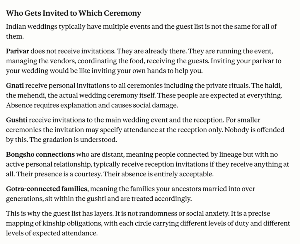India has several different words for "family" eg parivar, gnati, gosthi etc and they mean different connections. Exploring why Indian wedding guest lists are so huge, with layers of family and social connections involved.