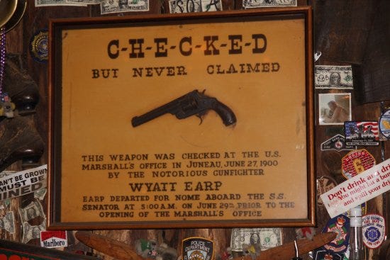 What may be Wyatt Earp's gun on display at the Red Dog Saloon in modern day Juneau, Alaska.
