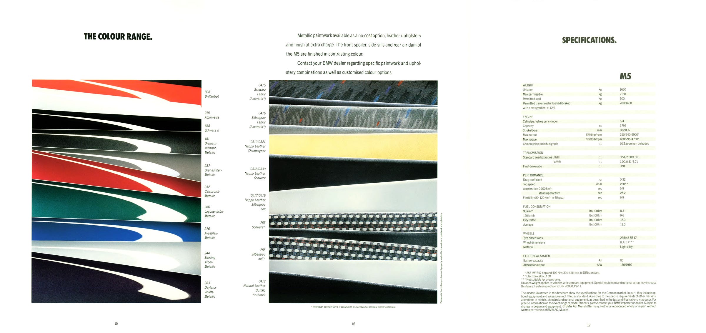 BMW E34 M5 1992 brochure colours technical specifications