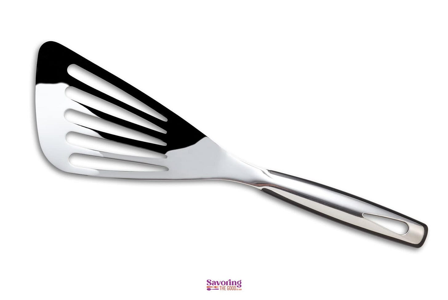 A stainless steel spatula on a white background.