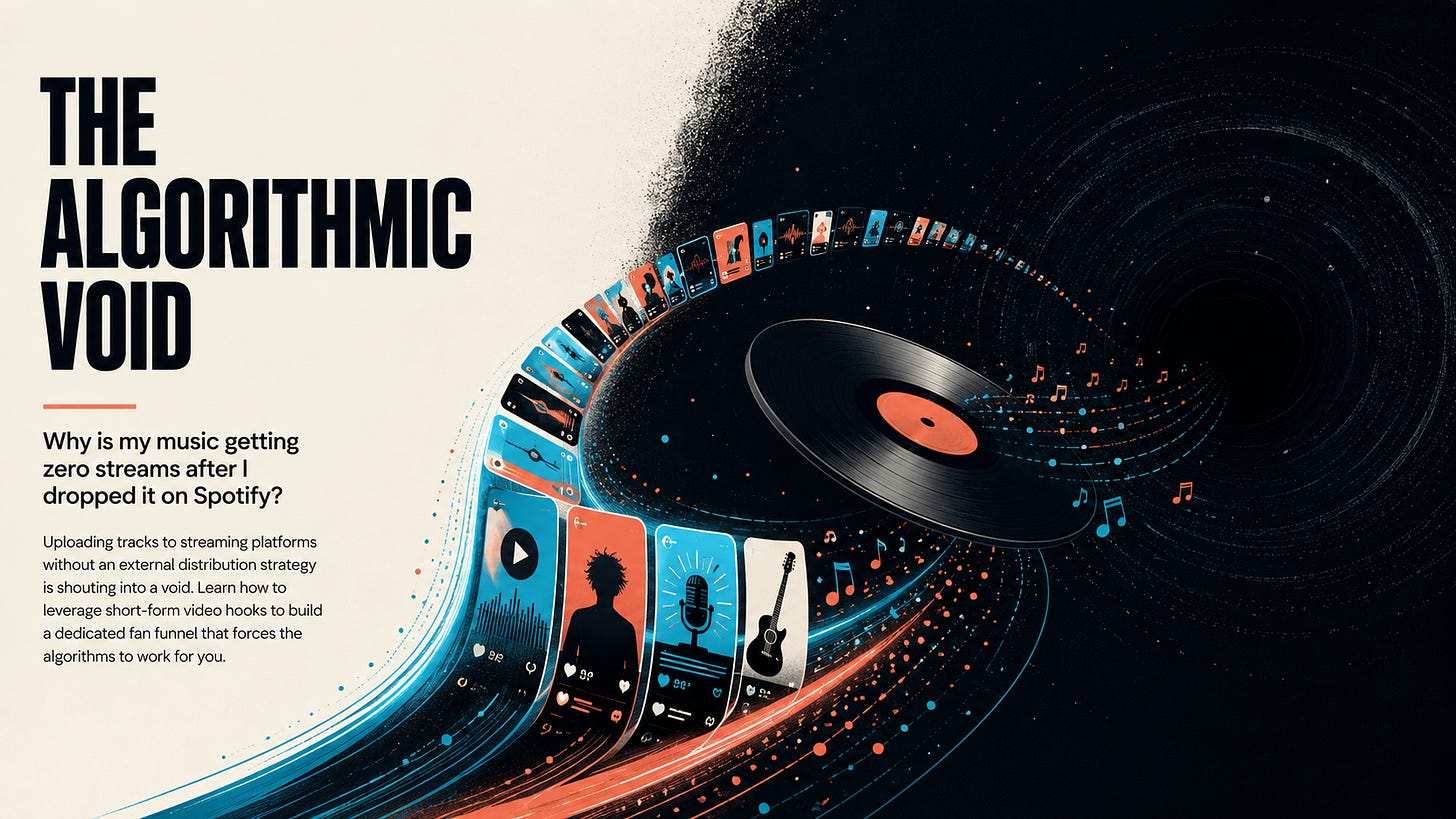 A vinyl record drifts toward a dark algorithmic void while a stream of short-form video posts wraps around it, generating music notes, engagement icons, and rising stream data. The illustration symbolizes how independent musicians gain Spotify traction by building an audience on short-form video platforms before relying on streaming algorithms. A vinyl record drifts toward a dark algorithmic void while a stream of short-form video posts wraps around it, generating music notes, engagement icons, and rising stream data. The illustration symbolizes how independent musicians gain Spotify traction by building an audience on short-form video platforms before relying on streaming algorithms.