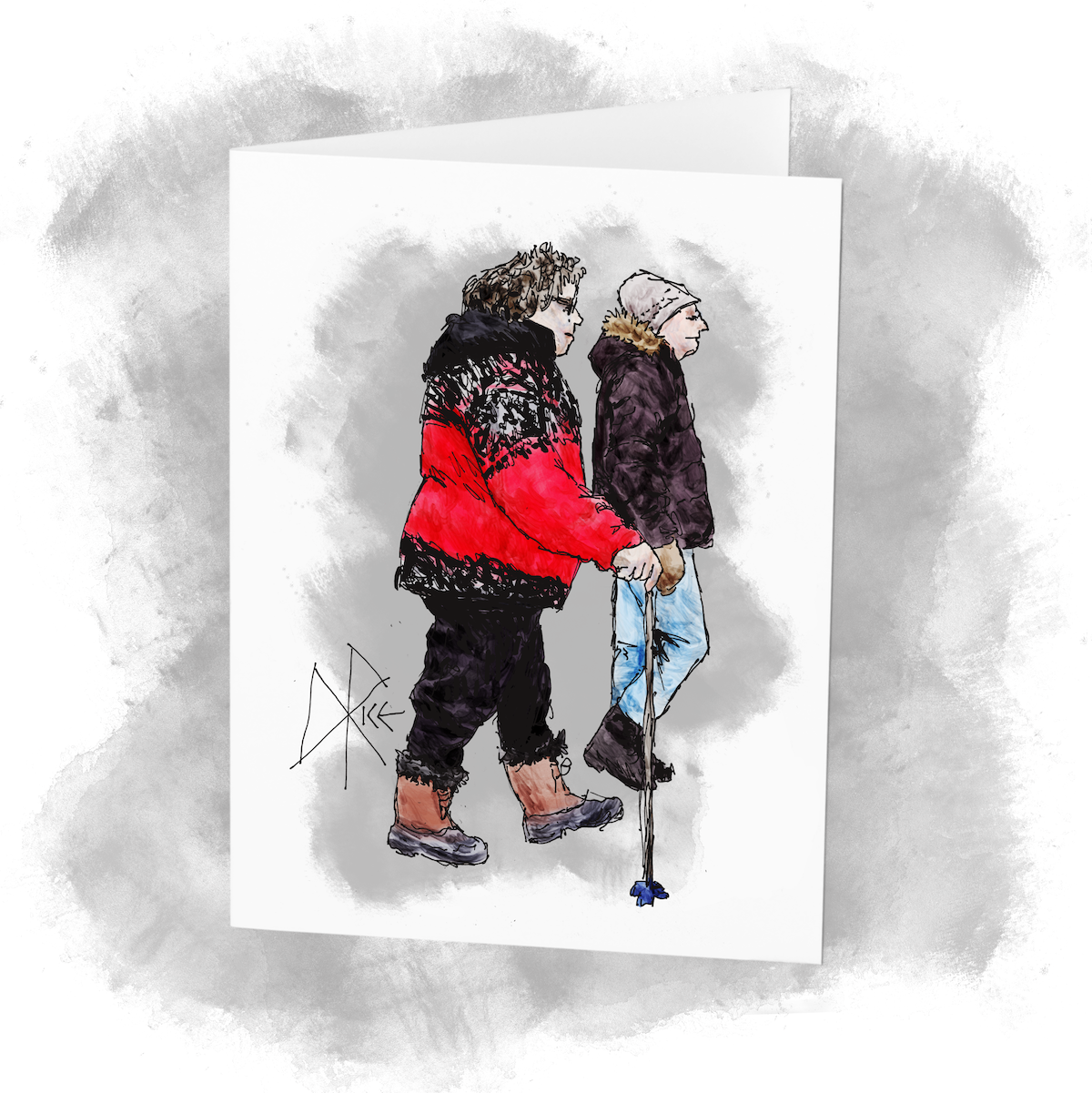 Two people walking in winter, the foreground woman looking sharp with her walking stick and red knit sweater. Sketch art by Don Rice. Two people walking in winter, the foreground woman looking sharp with her walking stick and red knit sweater. Sketch art by Don Rice.