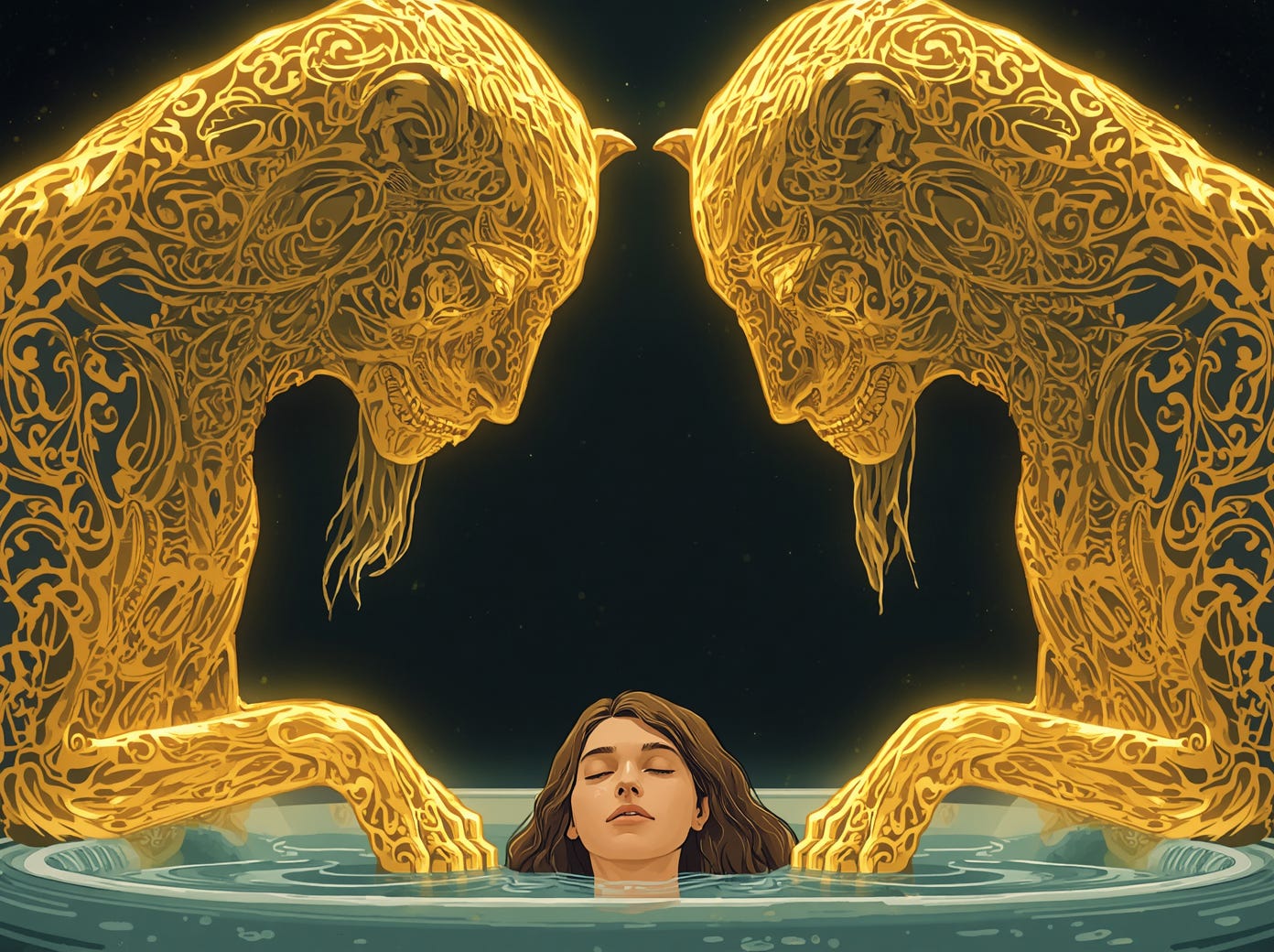Two monumental golden sphinx-like beings rendered in intricate filigree face each other across a void of darkness, their forms ornate and luminescent, their gazes directed downward at a human figure submerged to the neck in teal water below, eyes closed in stillness or peace.