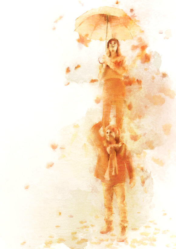 Digitally hand-painted artwork of two aerialist circus performers. The woman holds an umbrella and laughs. She is standing on the man's shoulders while leaves tumble around them, painted in orange autumn watercolour-like colours. Digitally hand-painted artwork of two aerialist circus performers. The woman holds an umbrella and laughs. She is standing on the man's shoulders while leaves tumble around them, painted in orange autumn watercolour-like colours.