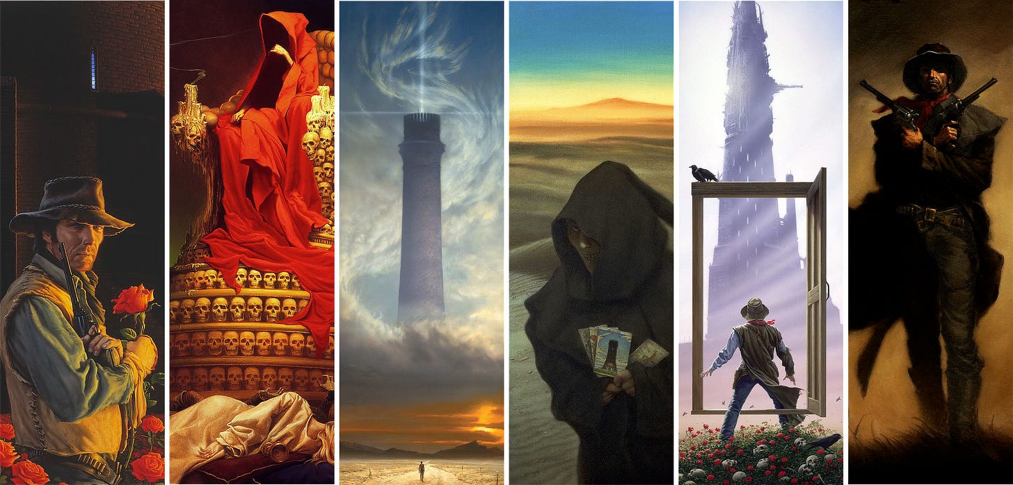 Six thin vertical images from Stephen King's The Dark Tower series featuring Roland Deschain, the Crimson King, a small figure walking to a gigantic tower, and cloaked figure holding a tarot card, the Gunslinger stepping through a floating doorframe, and Roland holding his big revolvers with arms crossing at his chest. Six thin vertical images from Stephen King's The Dark Tower series featuring Roland Deschain, the Crimson King, a small figure walking to a gigantic tower, and cloaked figure holding a tarot card, the Gunslinger stepping through a floating doorframe, and Roland holding his big revolvers with arms crossing at his chest.
