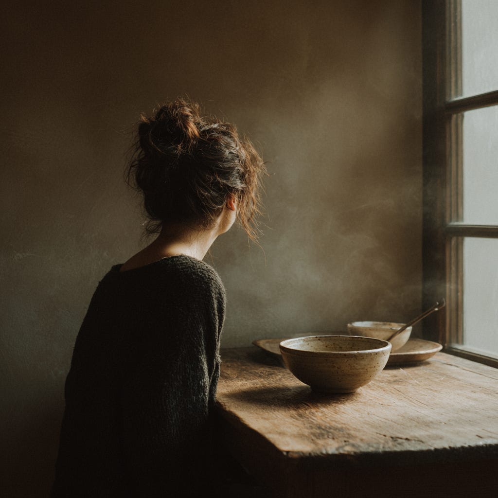 Woman with dark hair in a bun, wearing a black sweater, sits alone at a weathered wooden table near a window with soft natural light. Two ceramic bowls rest on the table in front of her as she gazes out the window in quiet contemplation. Woman with dark hair in a bun, wearing a black sweater, sits alone at a weathered wooden table near a window with soft natural light. Two ceramic bowls rest on the table in front of her as she gazes out the window in quiet contemplation.