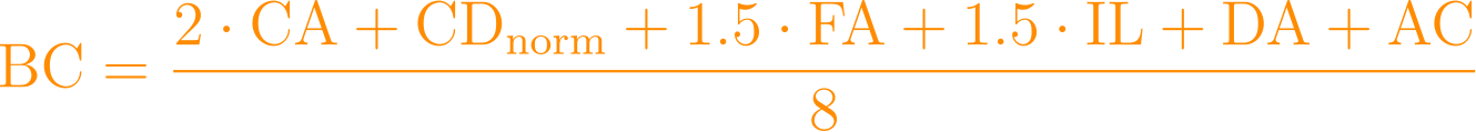 \text{BC} = \frac{2 \cdot \text{CA} + \text{CD}_{\text{norm}} + 1.5 \cdot \text{FA} + 1.5 \cdot \text{IL} + \text{DA} + \text{AC}}{8}