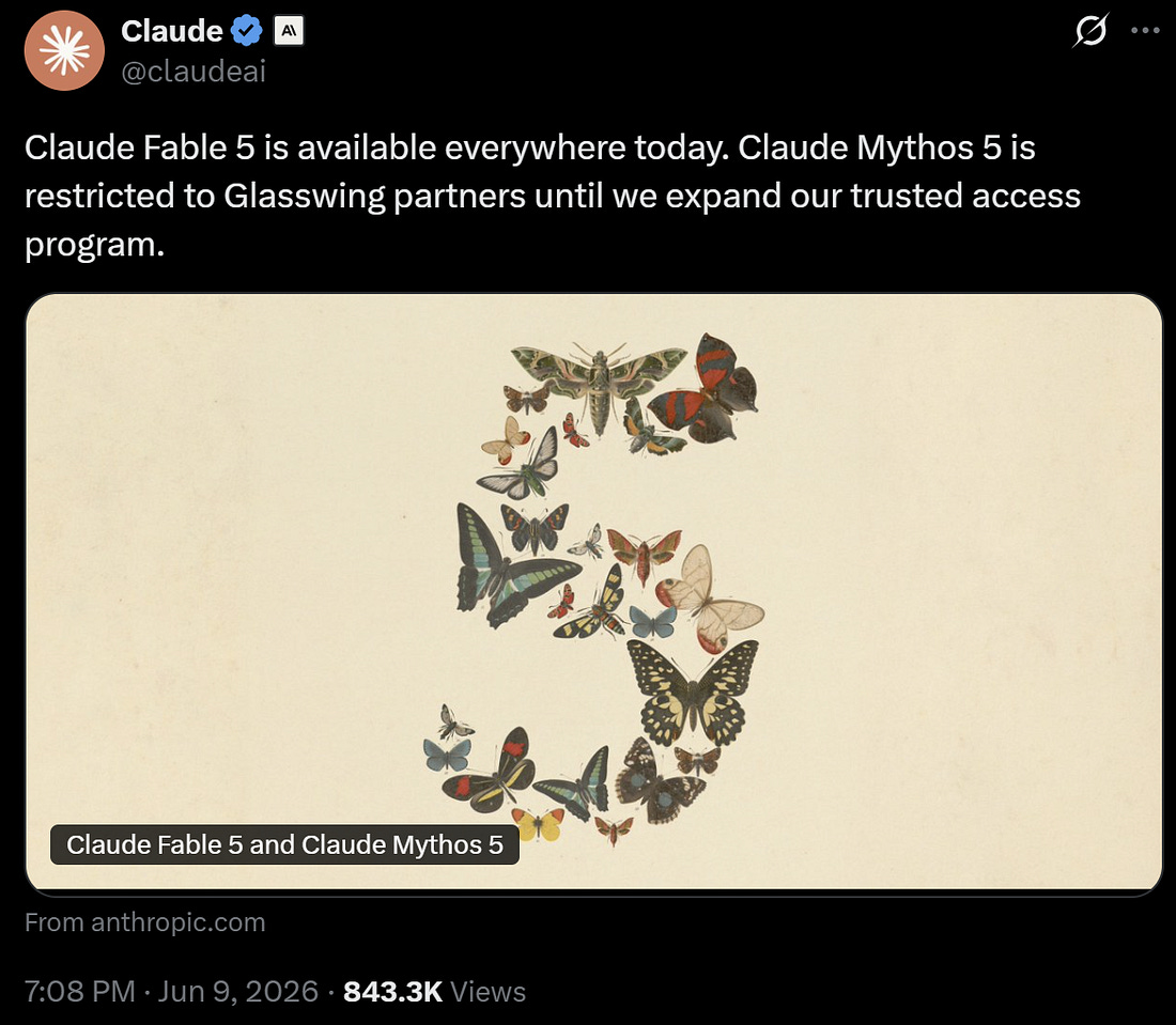 Screenshot of Claude’s announcement that Claude Fable 5 is available broadly, while Claude Mythos 5 remains restricted to trusted Glasswing partners.
