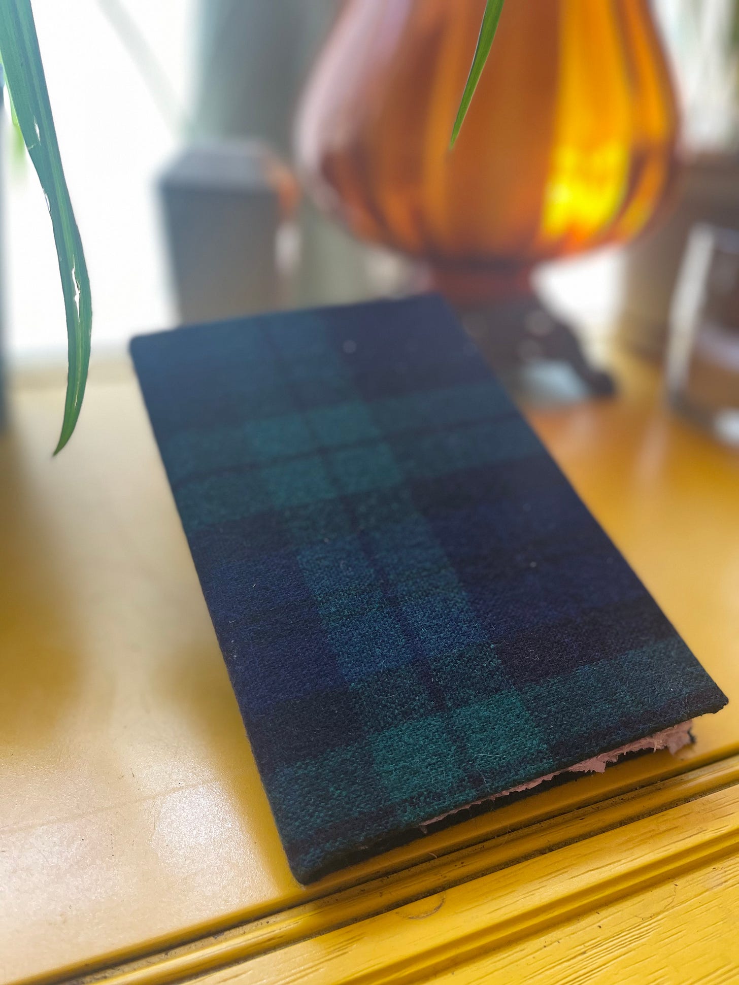 A blue and green plaid book sits closed on a yellow surface. There is a lamp and plants in the background. A blue and green plaid book sits closed on a yellow surface. There is a lamp and plants in the background.