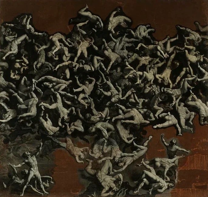 A great mass of bodies falling through dark-red emptiness
