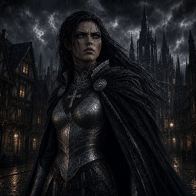 Clarion righteous anger portrait, Barovian Gothic style, tall and statuesque, long black hair, pale steel‑blue eyes blazing with conviction, silver‑engraved armor catching stormlight, expression fierce with controlled righteous fury