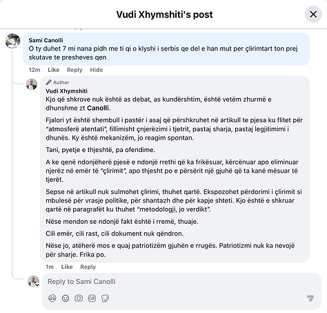 Galeria paraqet reagime reale nga publiku pas publikimit të hulumtimit, të cilat shërbejnë si dokumentim empirik i mënyrës se si funksionon delegjitimimi dhe frikësimit në hapësirën publike. Reagime publike të dokumentuara tregojnë zhvendosjen nga debat me fakte drejt etiketimeve, gjuhës së frikësimit dhe presionit personal, në përputhje me analizën e përshkruar në gjetjet hulumtuese të botuara më 4 Shkurt 2026.