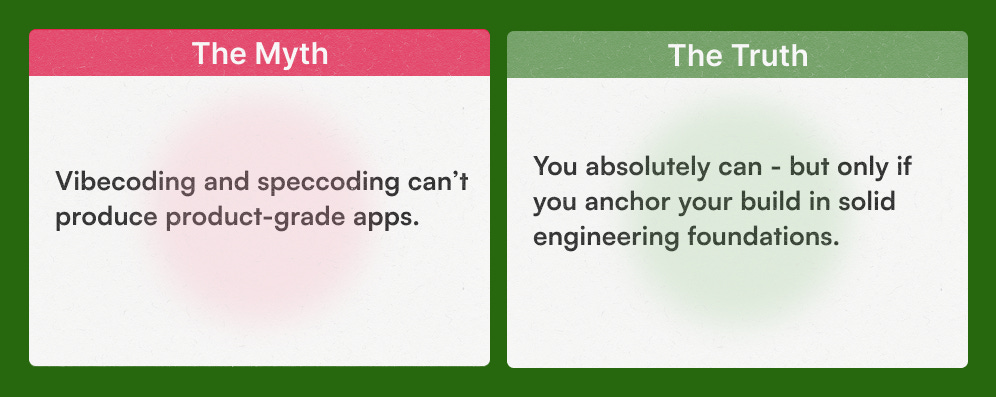 Illustration by Karo Zieminski for Product with Attitude contrasting “The Myth” and “The Truth” about vibecoding: the myth claims vibecoding and speccoding can’t produce product-grade apps, while the truth states they can when grounded in solid engineering foundations.