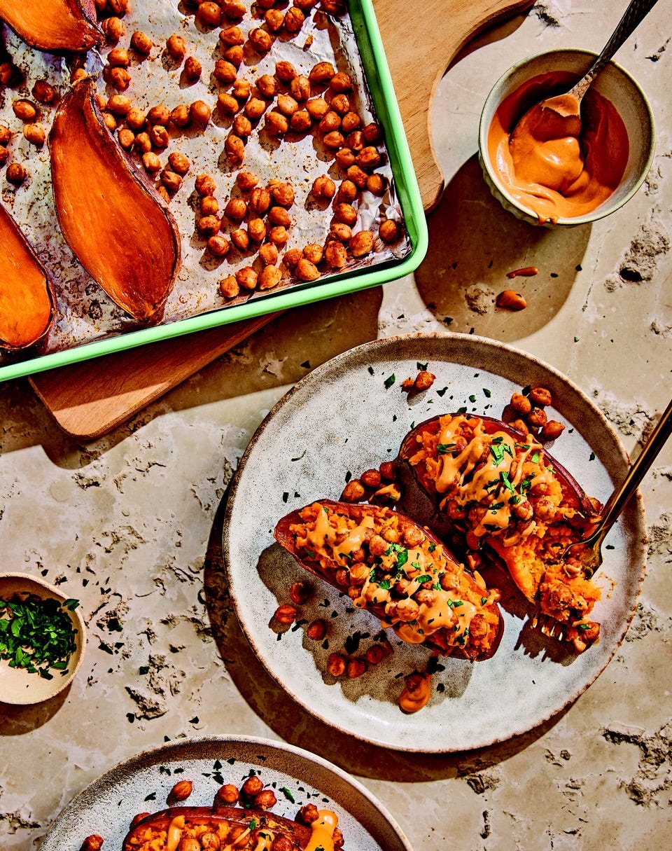 Sweet potatoes and chickpeas on sheet pan and plate.