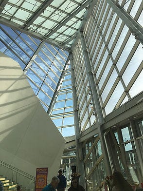 Dramatic glass entranceway to the Taubman Museum of Art