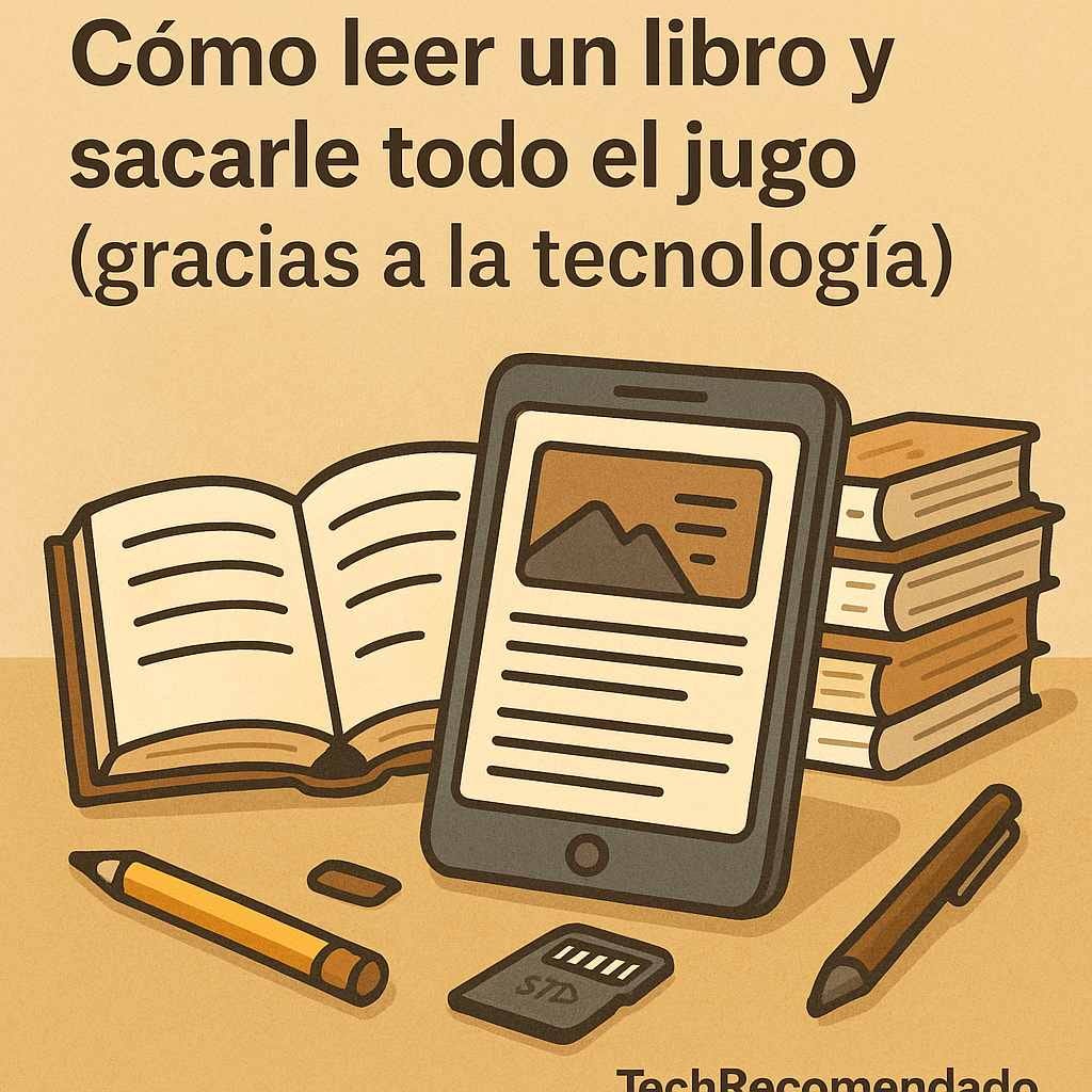 Ilustración de libro abierto, e-reader y lápiz digital sobre fondo beige, con el título de la publicación.