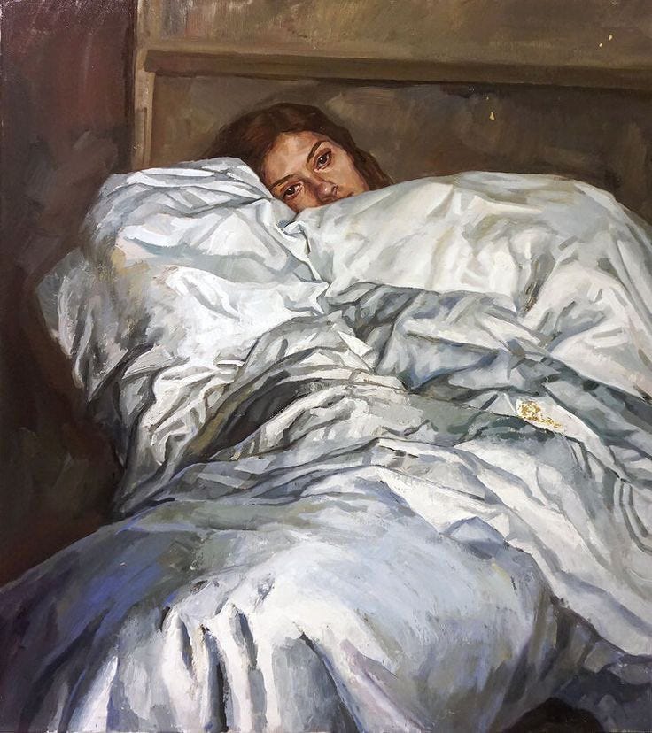 This may contain: a painting of a woman wrapped in a blanket