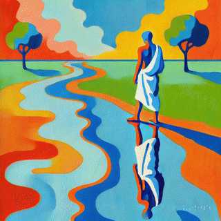A colorful abstract illustration depicting a person in a white robe standing beside a winding river, surrounded by stylized trees and vibrant skies.