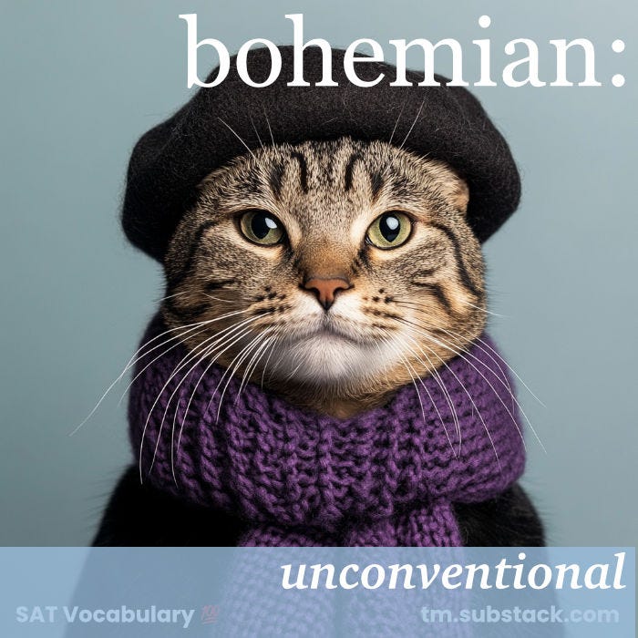 Illustration of an artistic cat wearing a black beret and purple scarf; used to illustrate the SAT word 'bohemian'.