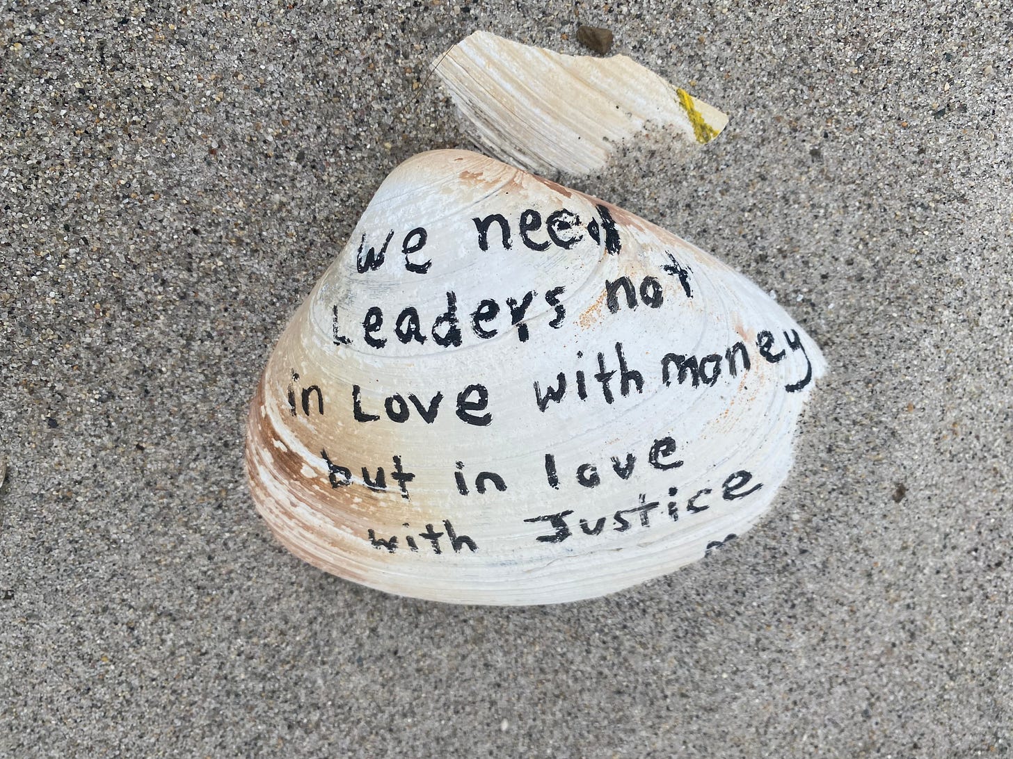 A clam shell on a sandy beach. On it is written in Sharpie, "We need leaders not in love with money but in love with justice."