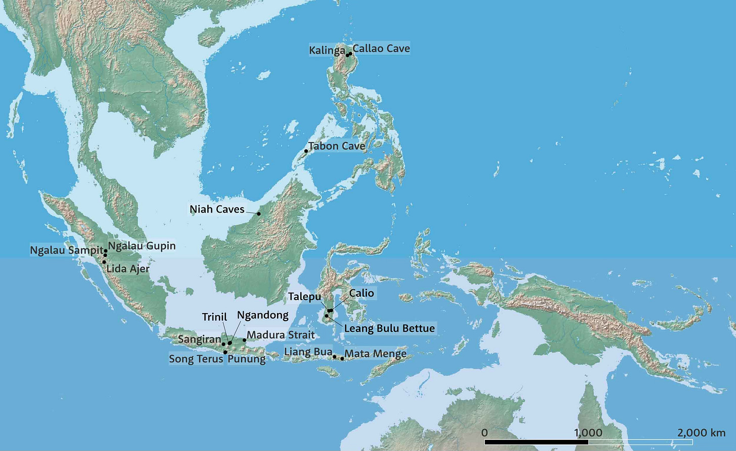 Map showing locations of Middle Pleistocene and early Late Pleistocene sites across Indonesia and the Philippines. The widest extent of exposed continental shelf during periods of low sea level is noted