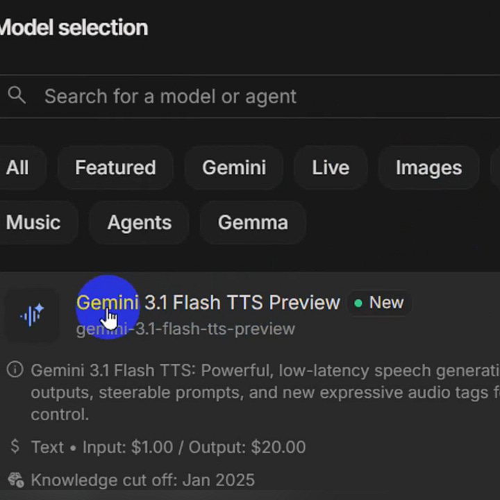 Несколько шагов в интерфейсе Google AI Studio: открытие Run Settings, переход на вкладку Audio и выбор модели Gemini 3.1 Flash TTS Preview