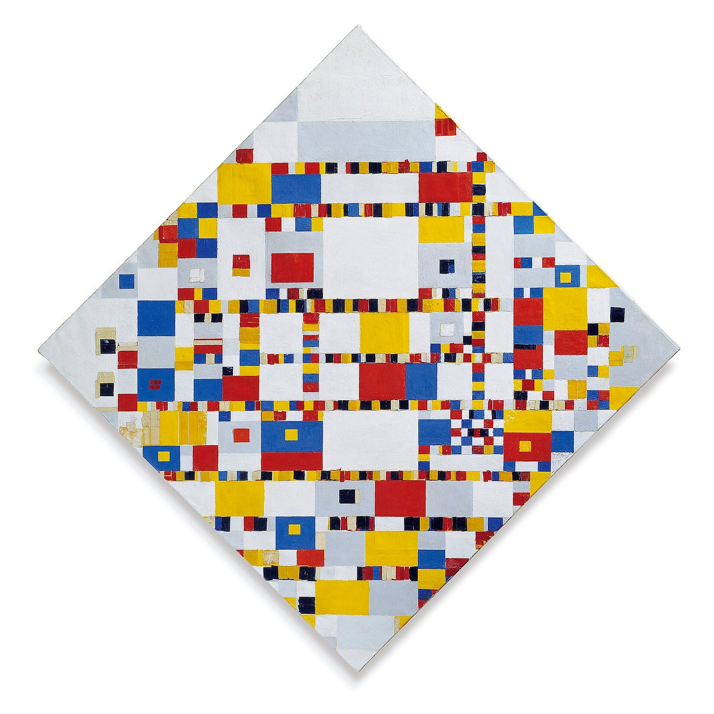 Victory Boogie Woogie by Piet Mondrian: a diamond shaped canvas filled with small blocks of color Victory Boogie Woogie by Piet Mondrian: a diamond shaped canvas filled with small blocks of color