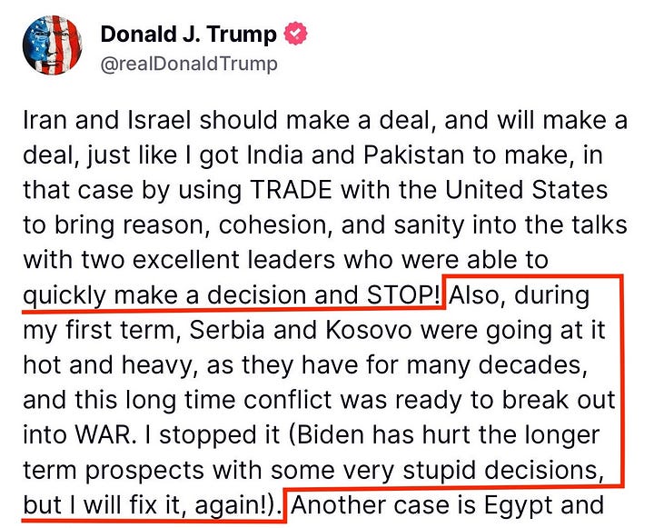 Trump claims credit for preventing war between Serbia and Kosovo during his first term, blaming Biden for "very stupid decisions" that he vows to fix it.