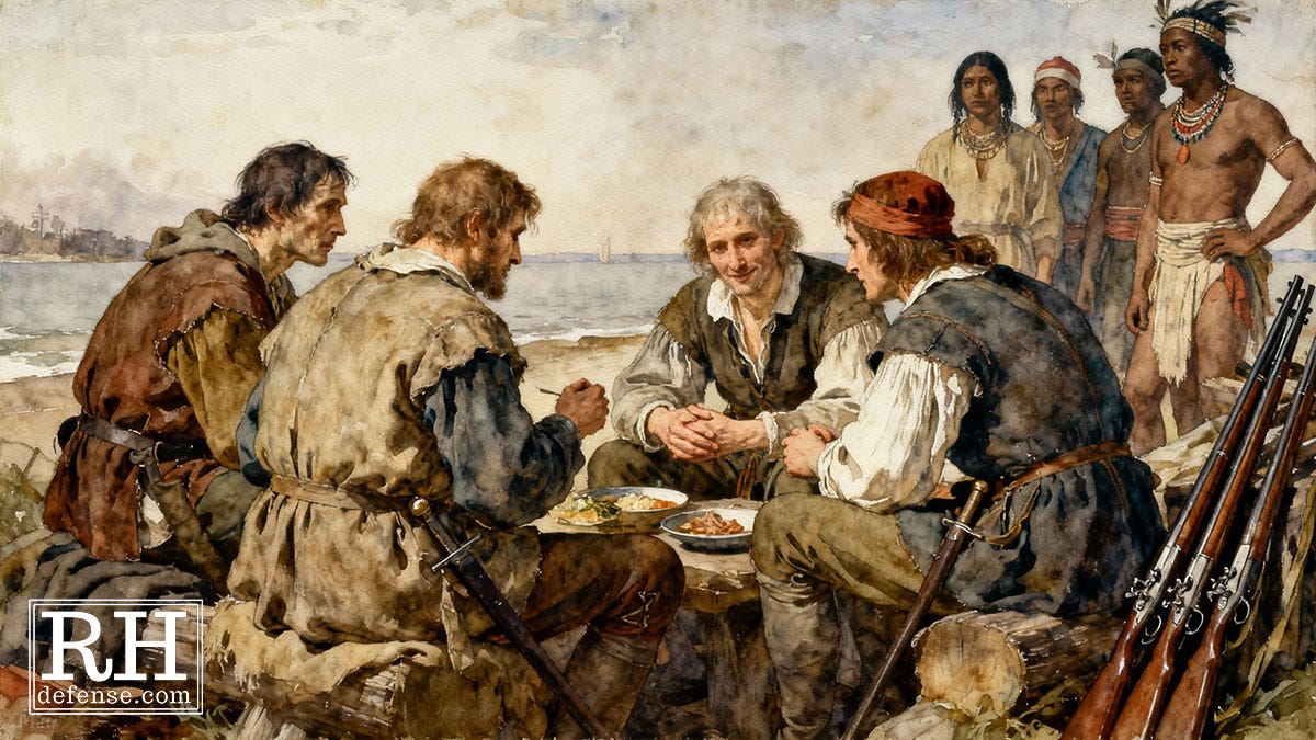 A watercolor-and-oil painting depicting exhausted European settlers eating a small meal on the beach. Their clothes are ragged and worn. A group of Wampanoag people stand behind them, watching with a mixture of caution and distance rather than celebration. Muskets lean against logs nearby. The scene shows survival and suspicion, not a warm feast.