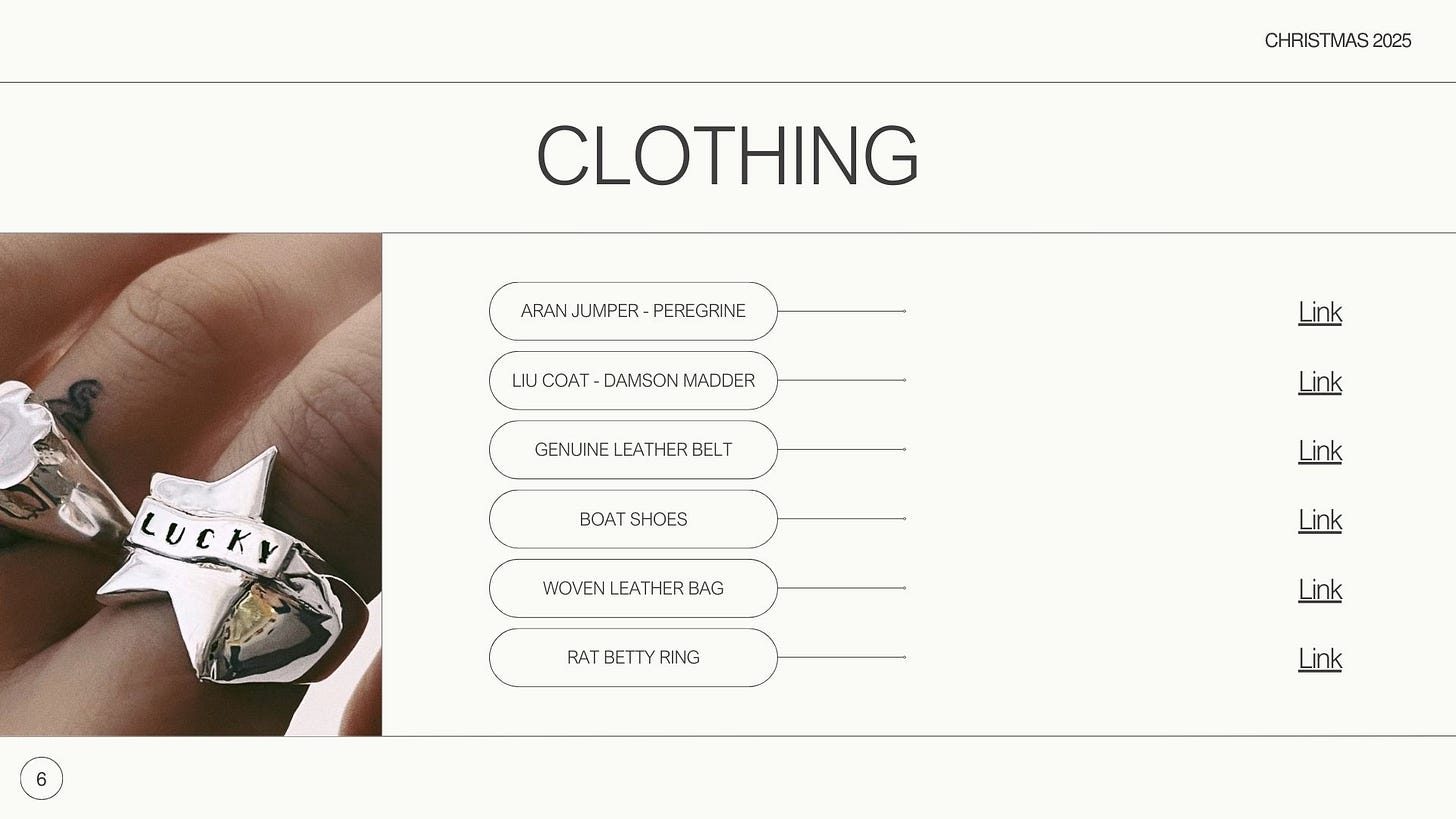 Clothing slide includes: aran jumper, damson madder jacket, a woven leather bag and more (see below).