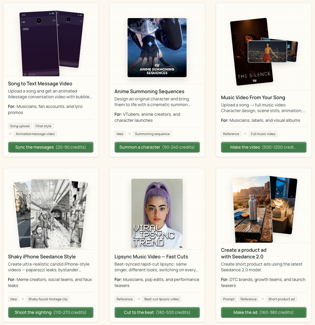 Glif interface showing AI creative workflow templates for image generation, video creation, music videos, product ads, and social content.