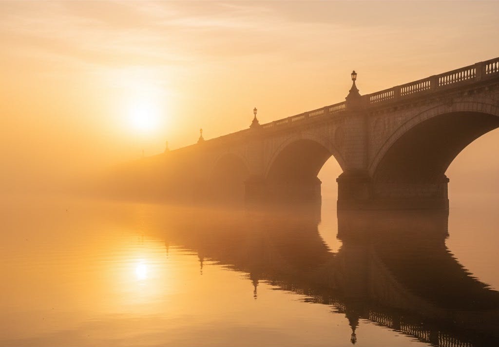 bridge stretching into the sunset over a hazy river bridge stretching into the sunset over a hazy river