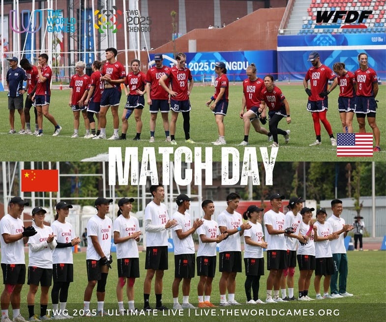 May be an image of 23 people, people playing American football, people playing football and text that says "WG 202 25 CHEN GDU OSA USO ปม 2025C 2025CNGDU NGDU USA 23 SA บรค MATCH DAY CHIU CHIN ตเน 1O CHINA TWC TWG2025 2025 ULTIMATE LIVE LIVE.THEWORLDCAMES.OPC MC202STULTNANTLINEIAIER. LIVE"