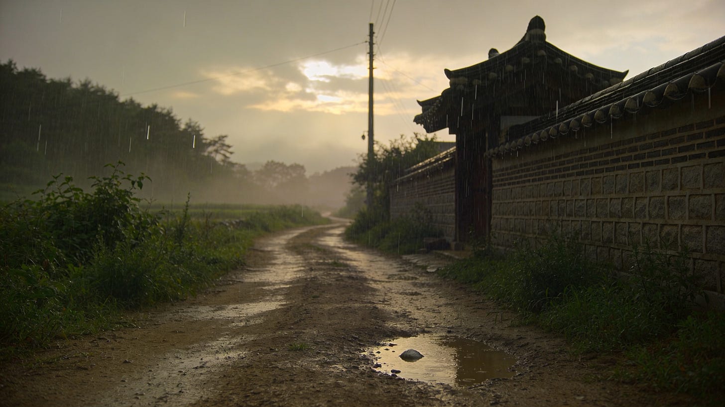 사람 없이 빗물에 젖은 흙길을 사실적으로 묘사한 새벽 풍경