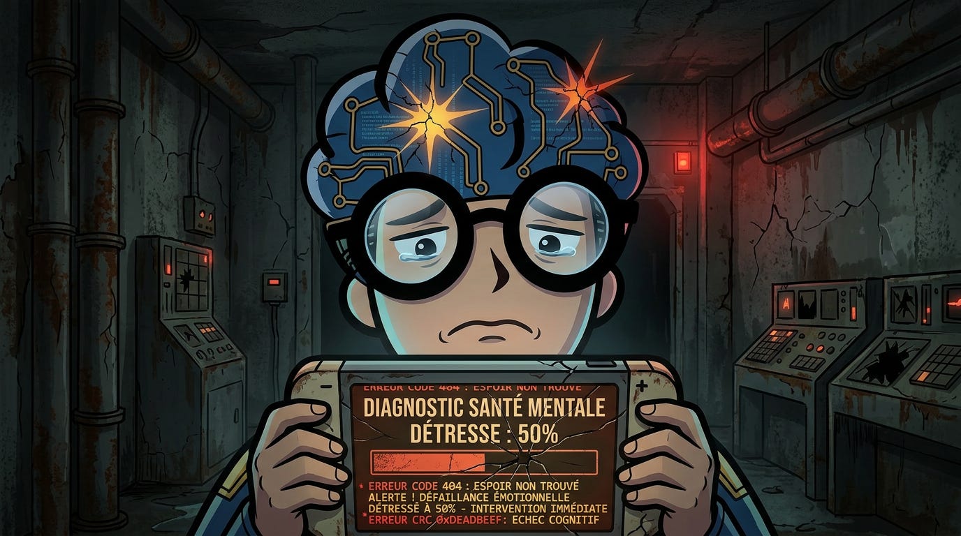 GMIND-BOY inspectant tristement une jauge de santé mentale fissurée affichant 50% de détresse, avec des codes d'erreurs clignotant dans un bunker industriel sombre.