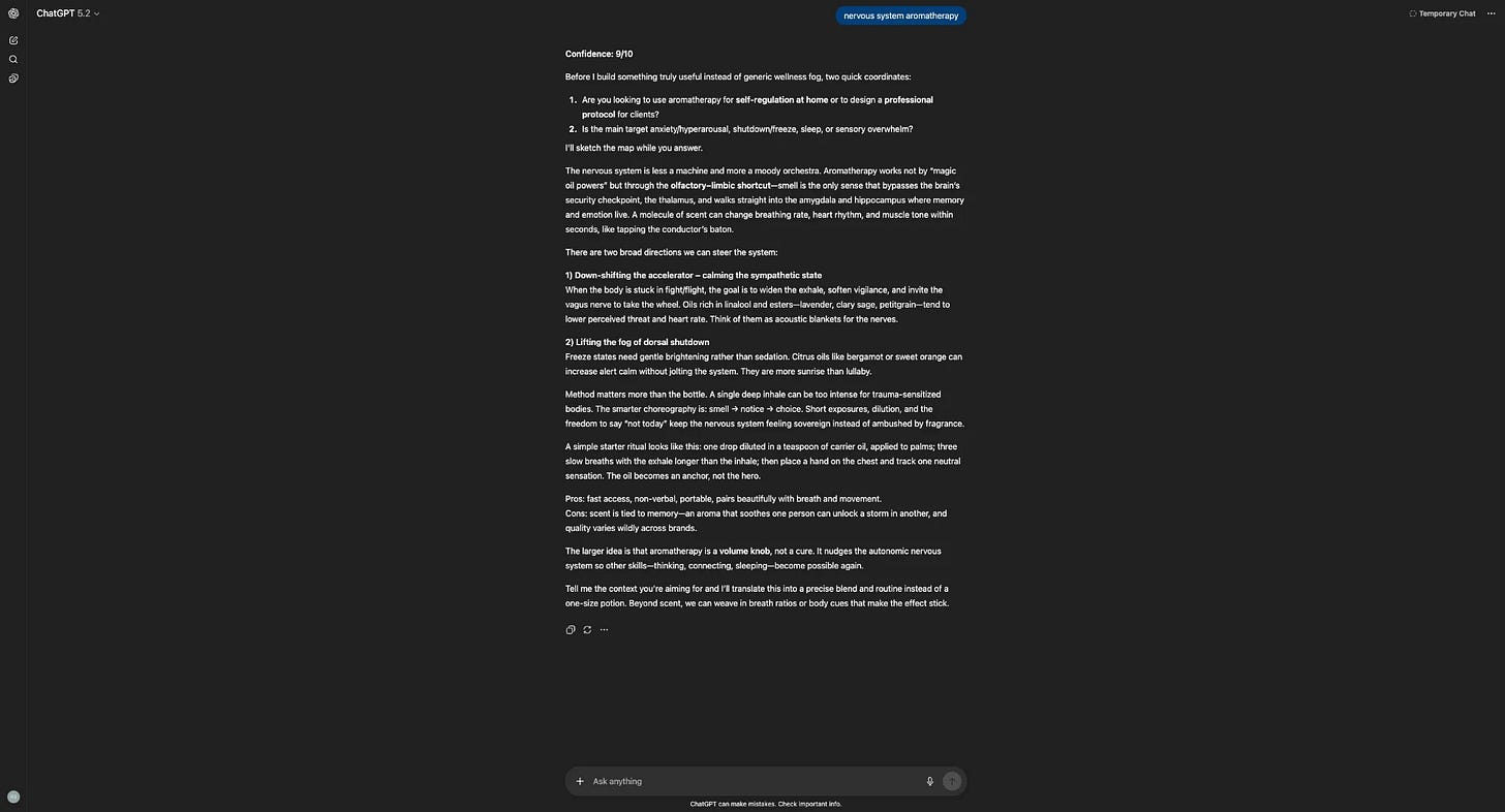 The Visible Practitioner GEO case study screenshot January 2026. ChatGPT nervous system aromatherapy educational response.