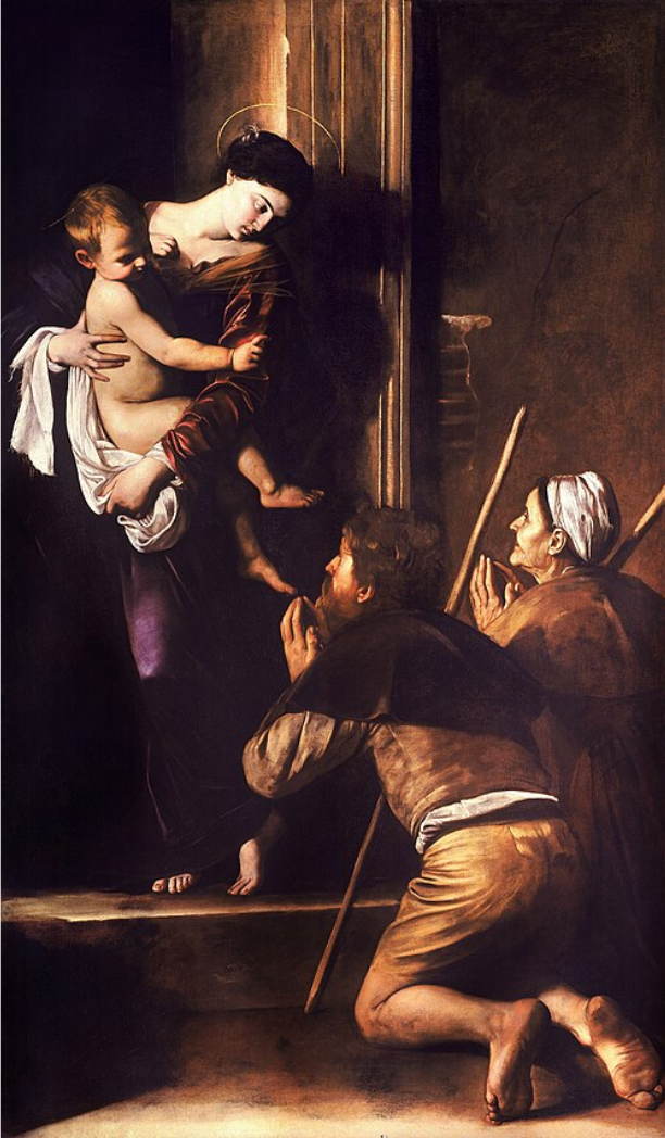 Caravaggio’s Madonna di Loreto (“Pilgrims’ Madonna”), showing the Virgin Mary holding the Christ Child as two pilgrims kneel in prayer before them in a dim doorway.
