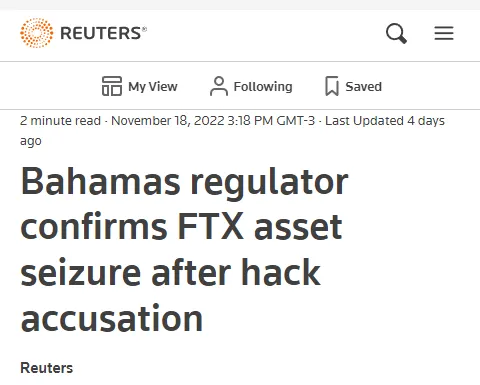 Reuters sobre Bahamas e FTX